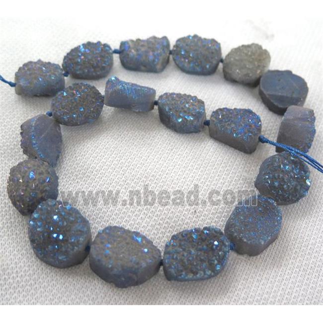 druzy quartz bead, freeform, gray blue electroplated