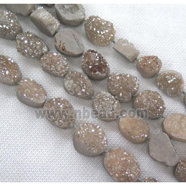 druzy quartz bead, freeform, gray silver electroplated