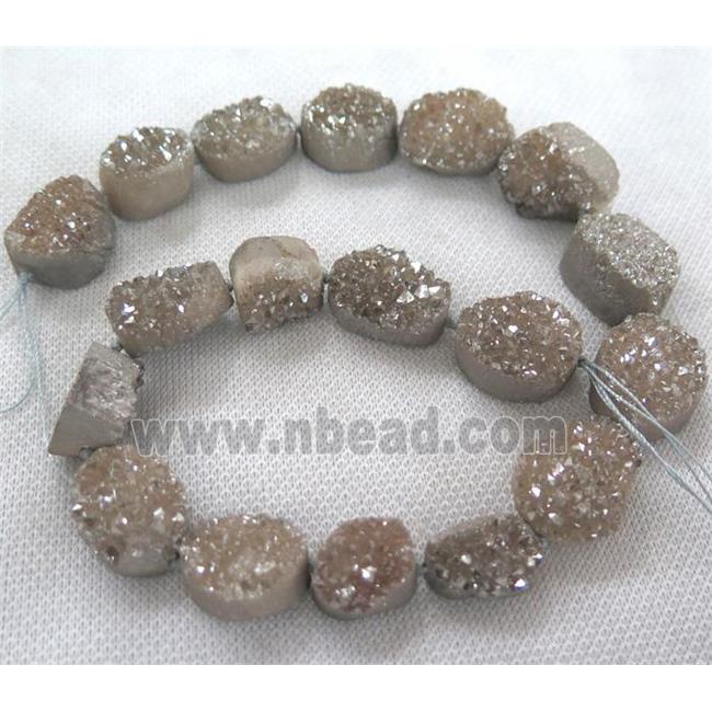 druzy quartz bead, freeform, gray silver electroplated