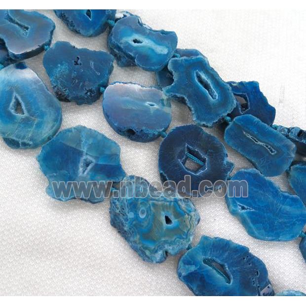 blue agate geode druzy beads, flat freeform