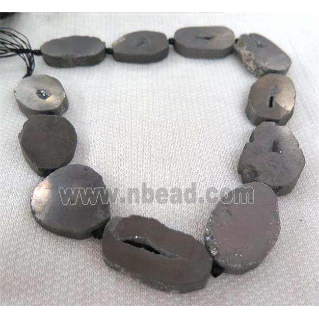 gray agate geode druzy bead, flat freeform