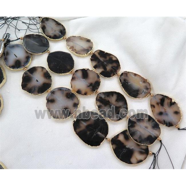 black Heihua Agate slice bead, flat freeform, gold plated