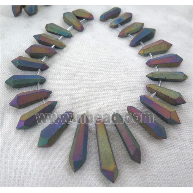 matte Clear Quartz Bullet Beads, top-drilled, rainbow electroplated