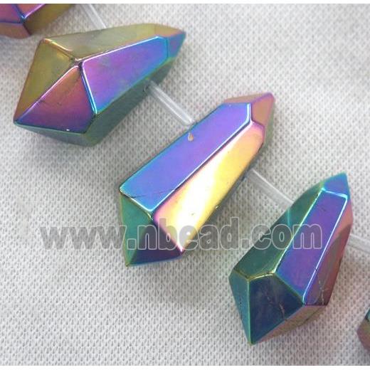 Clear Quartz Bullet Beads, top-drilled, rainbow electroplated
