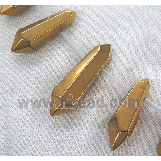 Clear Quartz Bullet Beads, top-drilled, gold electroplated