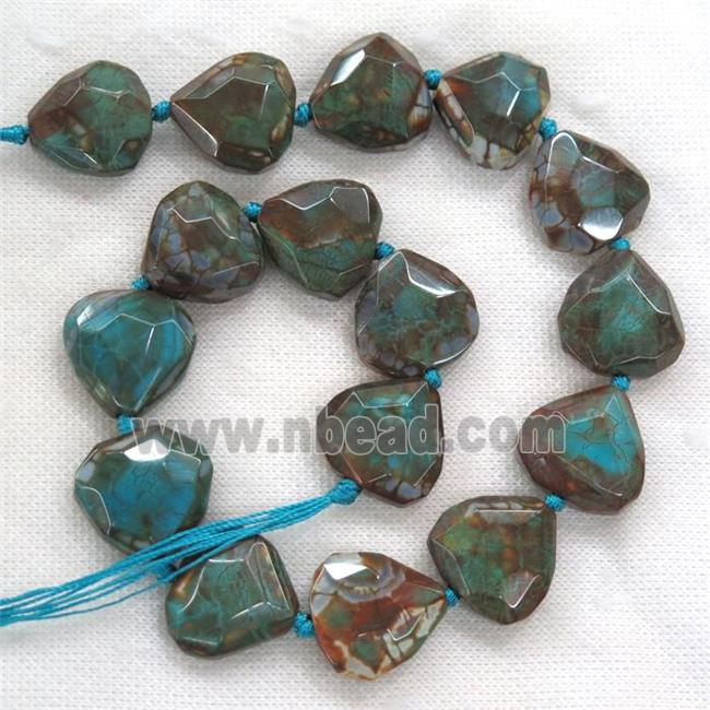 peacock blue Dragon veins Agate beads, faceted heart