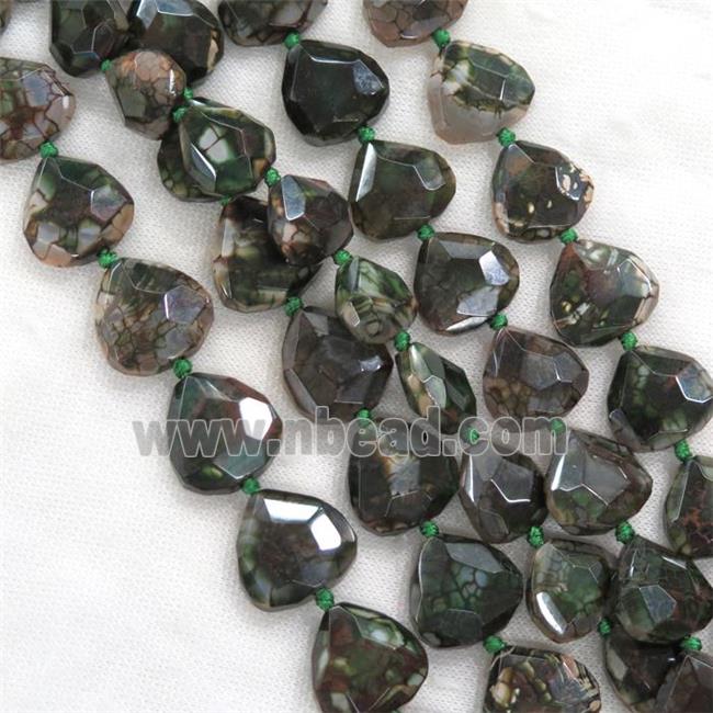 green Dragon veins Agate beads, faceted heart