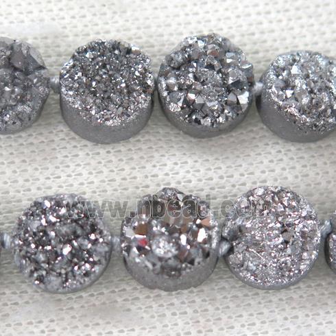 silver druzy quartz bead, flat-round