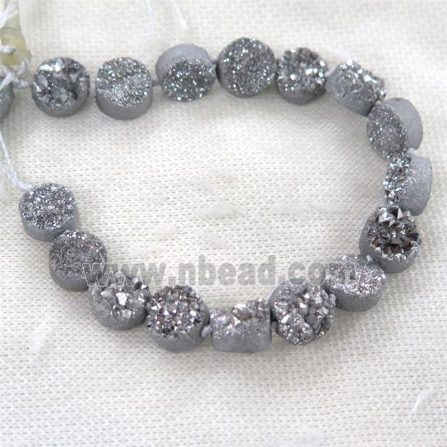 silver druzy quartz bead, flat-round