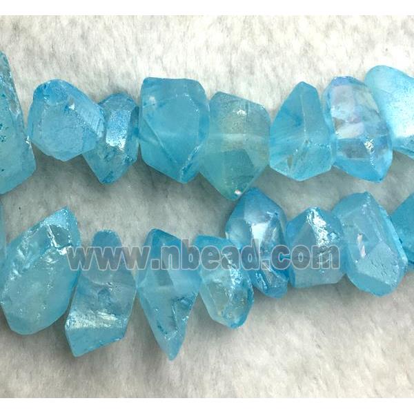 clear quartz bead, freeform, blue AB color plated