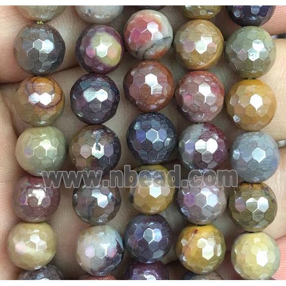 faceted round Mookaite beads, light electroplated