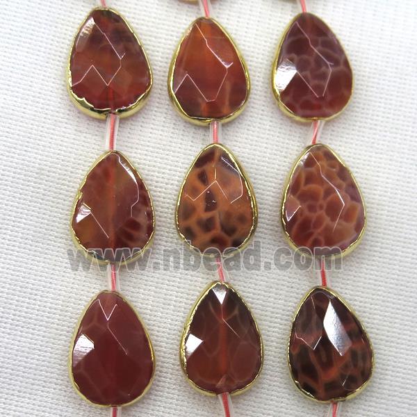 ruby fire agate beads, faceted teardrop, gold plated