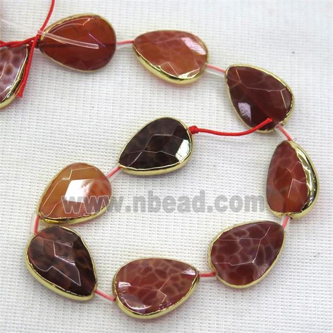 ruby fire agate beads, faceted teardrop, gold plated
