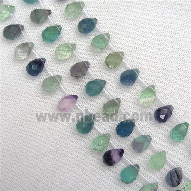 Fluorite beads, faceted teardrop, multi-color, top-drilled
