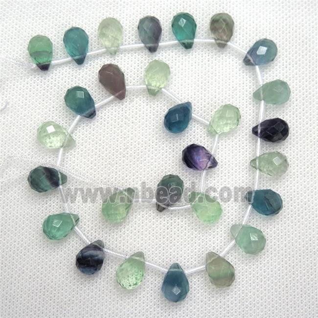 Fluorite beads, faceted teardrop, multi-color, top-drilled