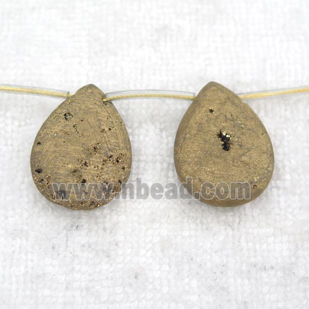 gold Druzy Agate teardrop beads, topdrilled