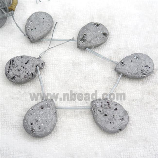 silver Druzy Agate teardrop beads, topdrilled