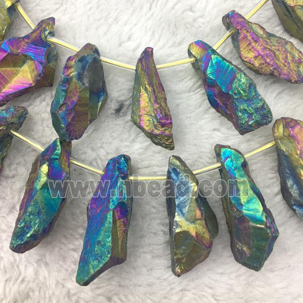 crystal quartz stick beads, freeform, rainbow electroplated