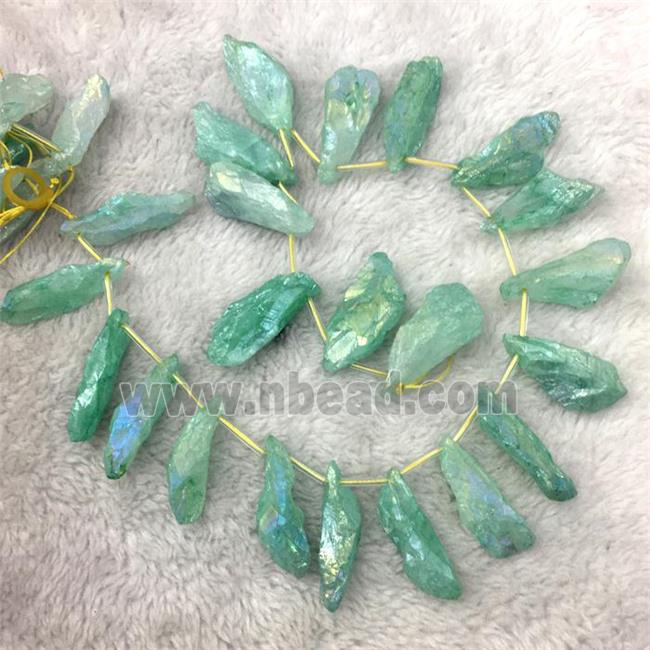 crystal quartz stick beads, freeform, green electroplated