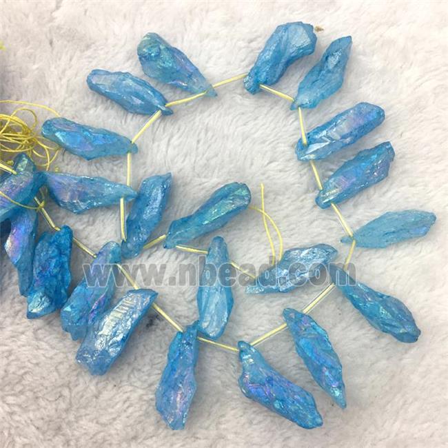 crystal quartz stick beads, freeform, blue electroplated