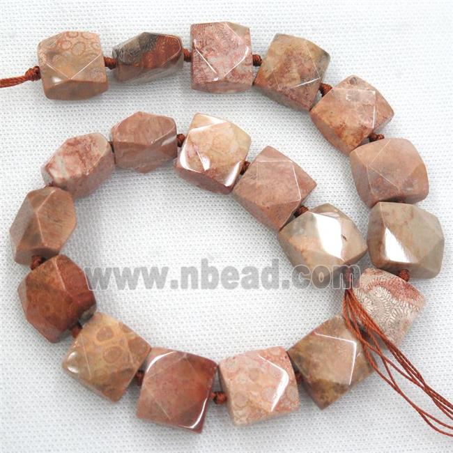 peach Coral Fossil beads, faceted square