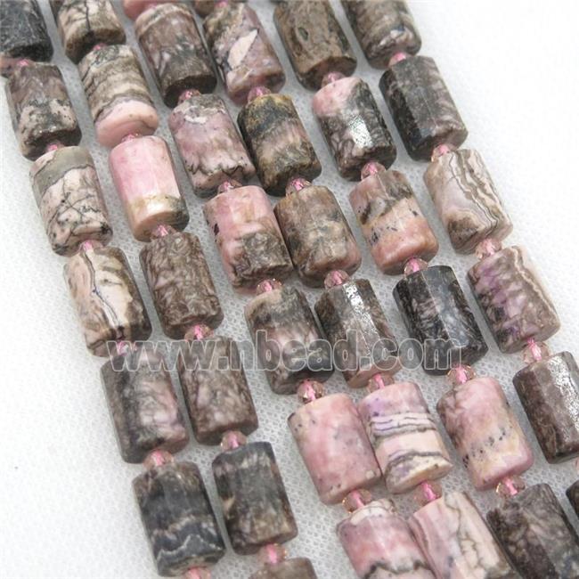 Brazilian Rhodonite tube Beads, faceted cylinder