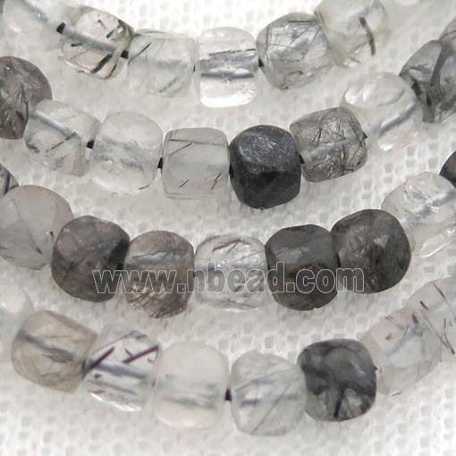 black Rutilated Quartz Beads, faceted cube