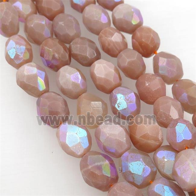 peach MoonStone beads, faceted rice, AB-color electroplated