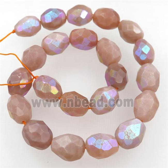 peach MoonStone beads, faceted rice, AB-color electroplated