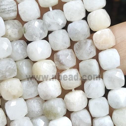 white MoonStone Beads, faceted cube, B-grade