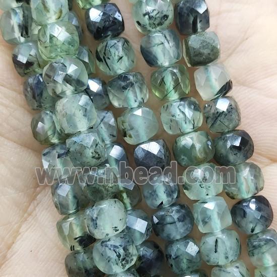 green Prehnite Beads, faceted cube, B-Grade