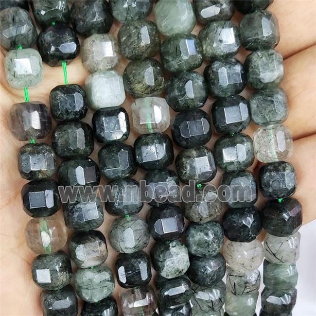 Natural Green Rutilated Quartz Beads Faceted Cube