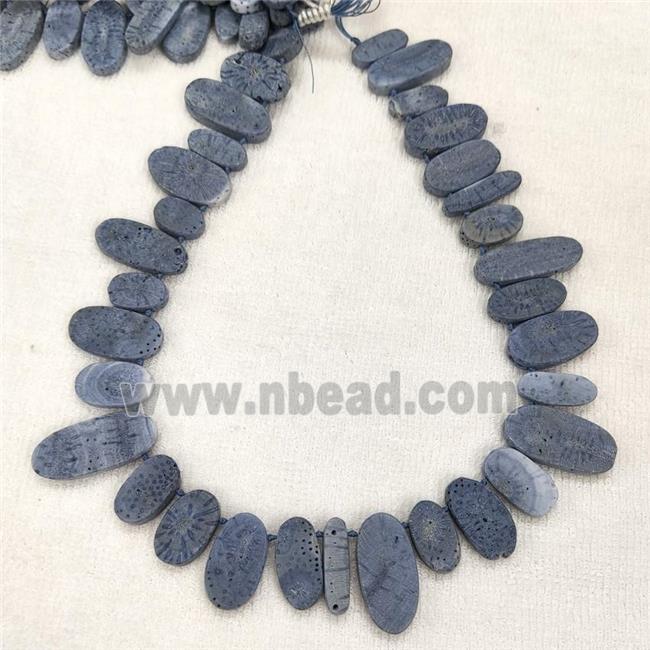 Blue Coral Fossil Oval Beads Topdrilled
