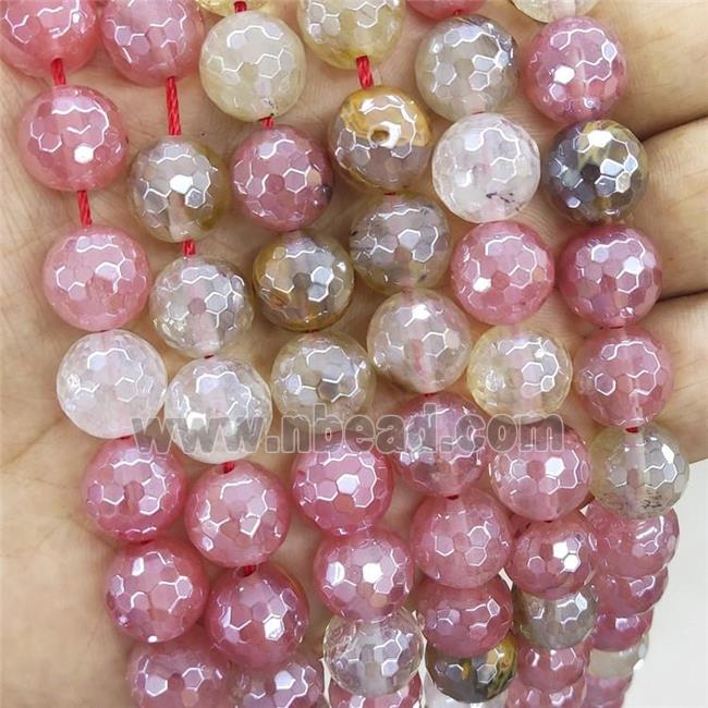 Pink Synthetic Quartz Beads Faceted Round Tigerskin Electroplated