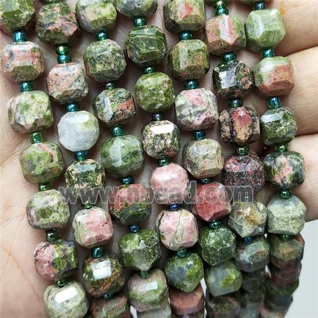 Natural Unakite Beads Faceted Cube Green