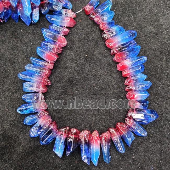 Natural Crystal Quartz Stick Beads Blue Red Dye Dichromatic Polished