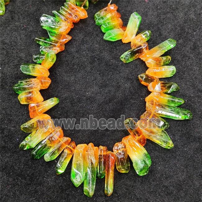 Natural Crystal Quartz Stick Beads Orange Green Dye Dichromatic Polished