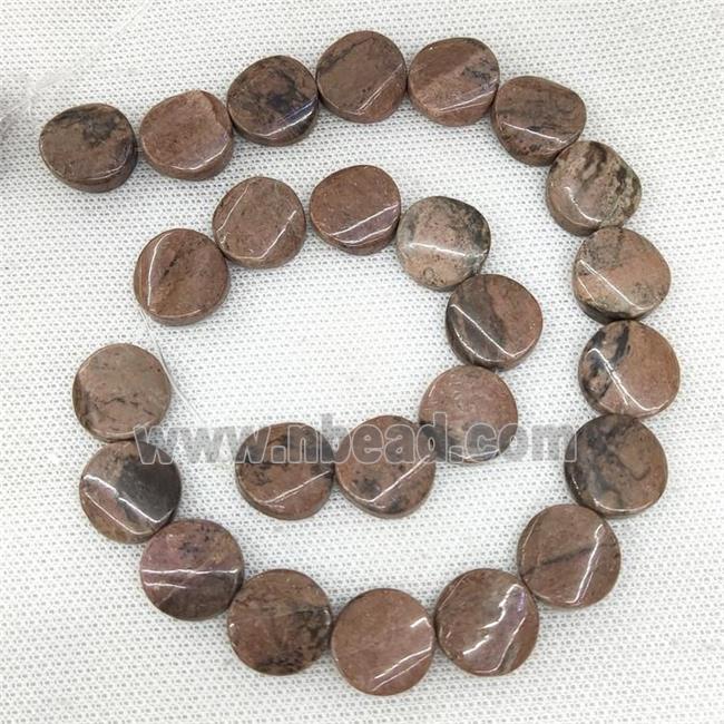Natural Chinese Rhodonite Coin Beads Pink Twist B-Grade