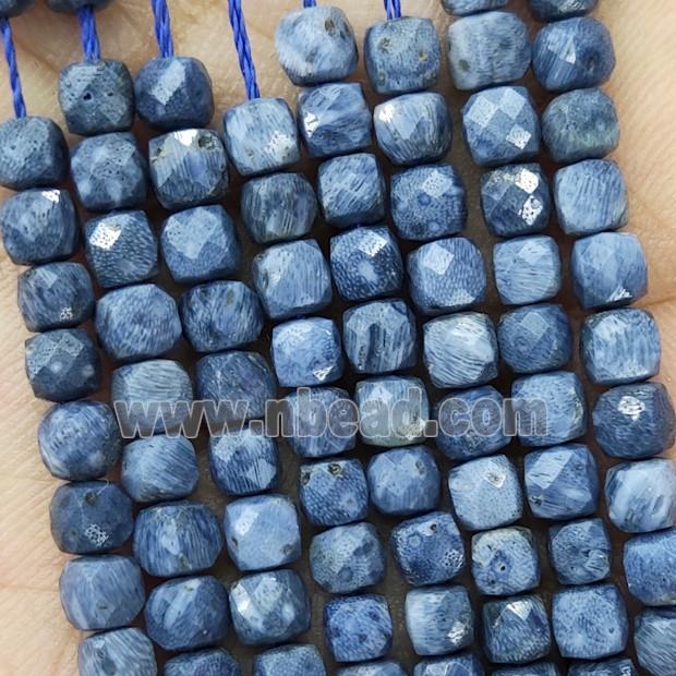 Natural Blue Coral Fossil Beads Faceted Cube
