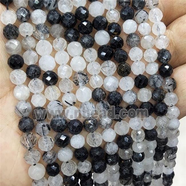 Natural Black Rutilated Quartz Beads Faceted Round