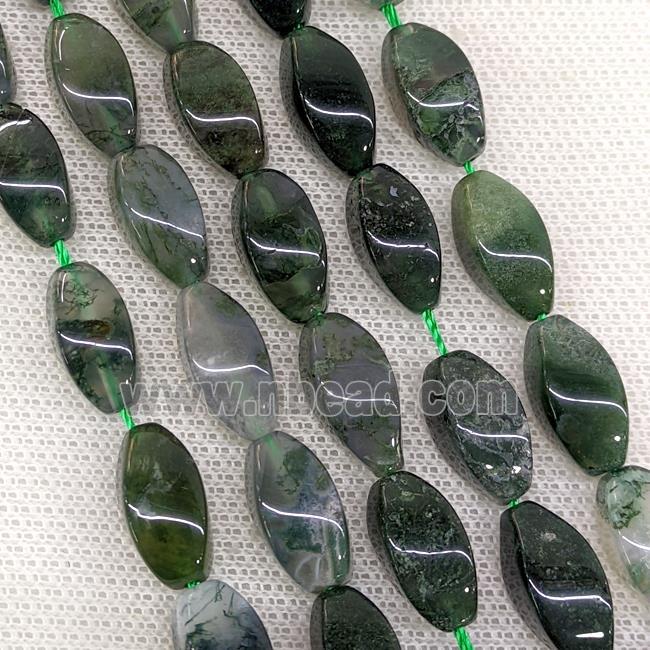 Natural Green Moss Agate Twist Beads