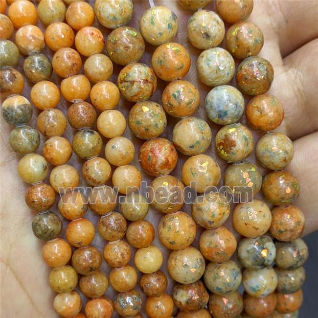 Natural Marble Round Beads Pave Gold Foil Smooth Orange Dye 