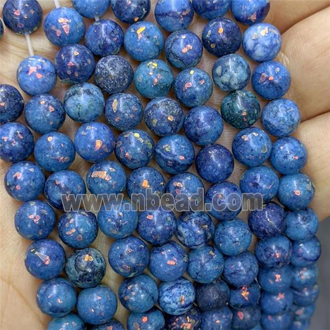 Natural Marble Round Beads Pave Gold Foil Smooth Blue Dye 