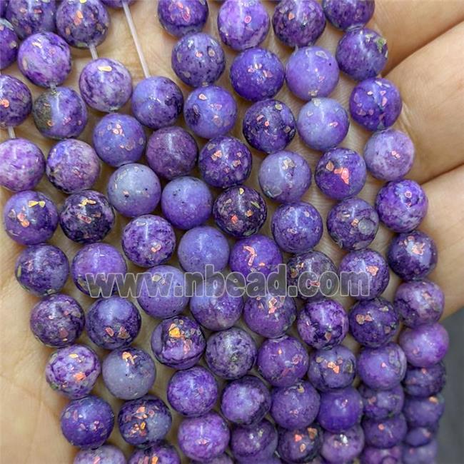 Natural Marble Round Beads Pave Gold Foil Smooth Purple Dye 
