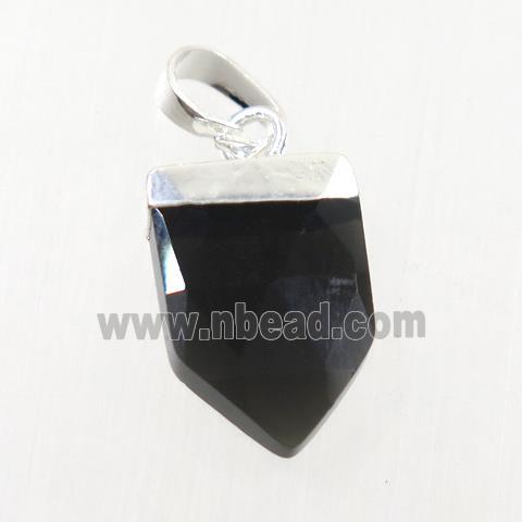 black onyx agate pendant, faceted arrowhead, silver plated