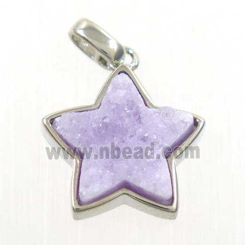purple druzy quartz pendant, star, platinum plated