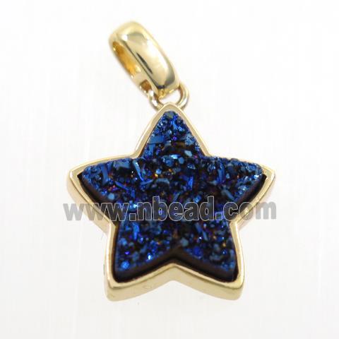 blue electroplated druzy quartz pendant, star, gold plated