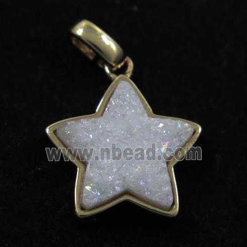white AB-color druzy quartz pendant, star, gold plated