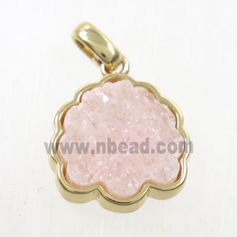 pink druzy quartz pendant, strawberry, gold plated