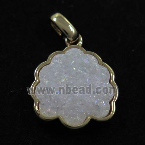 white AB-color druzy quartz pendant, strawberry, gold plated